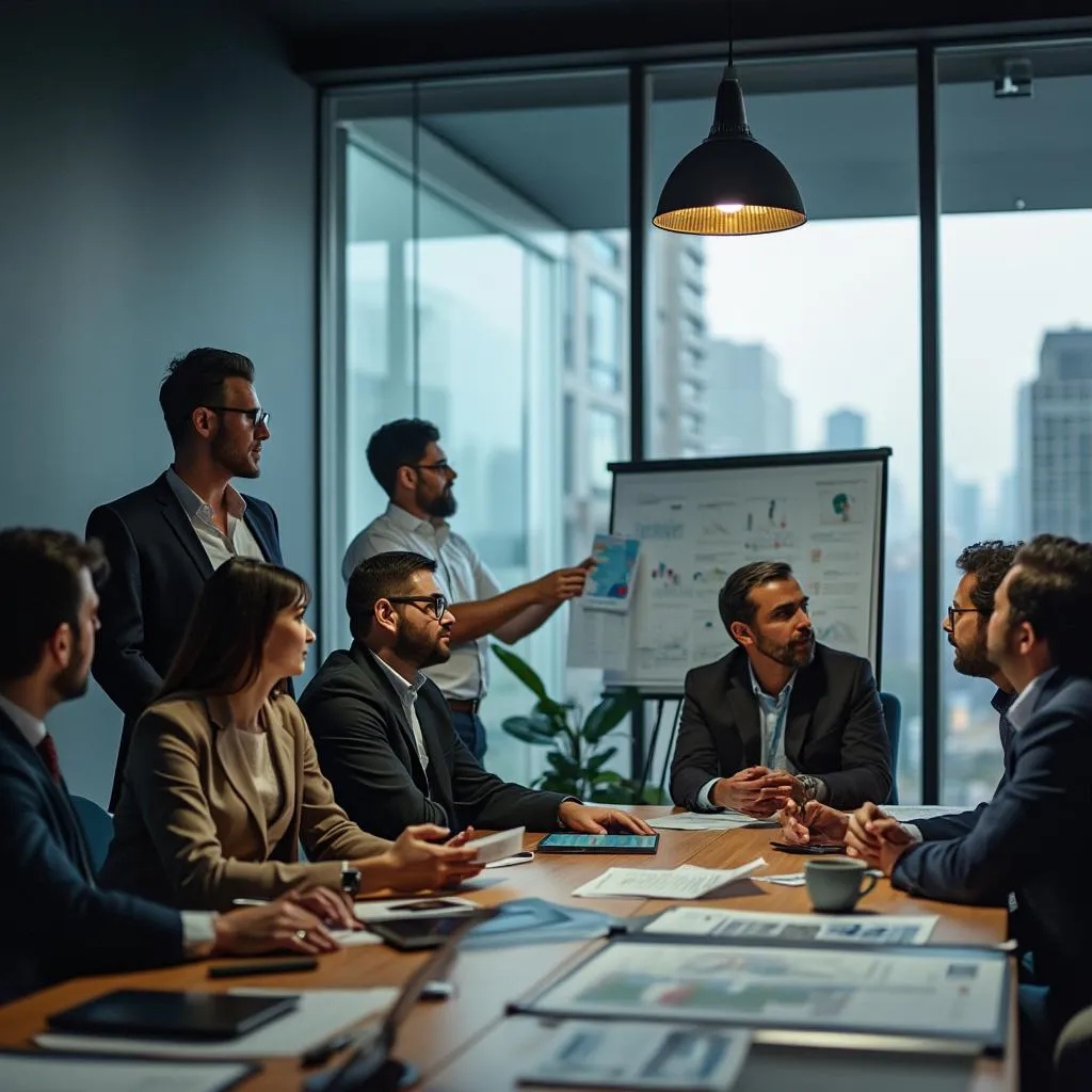 Equipo de consultores financieros en reunión estratégica